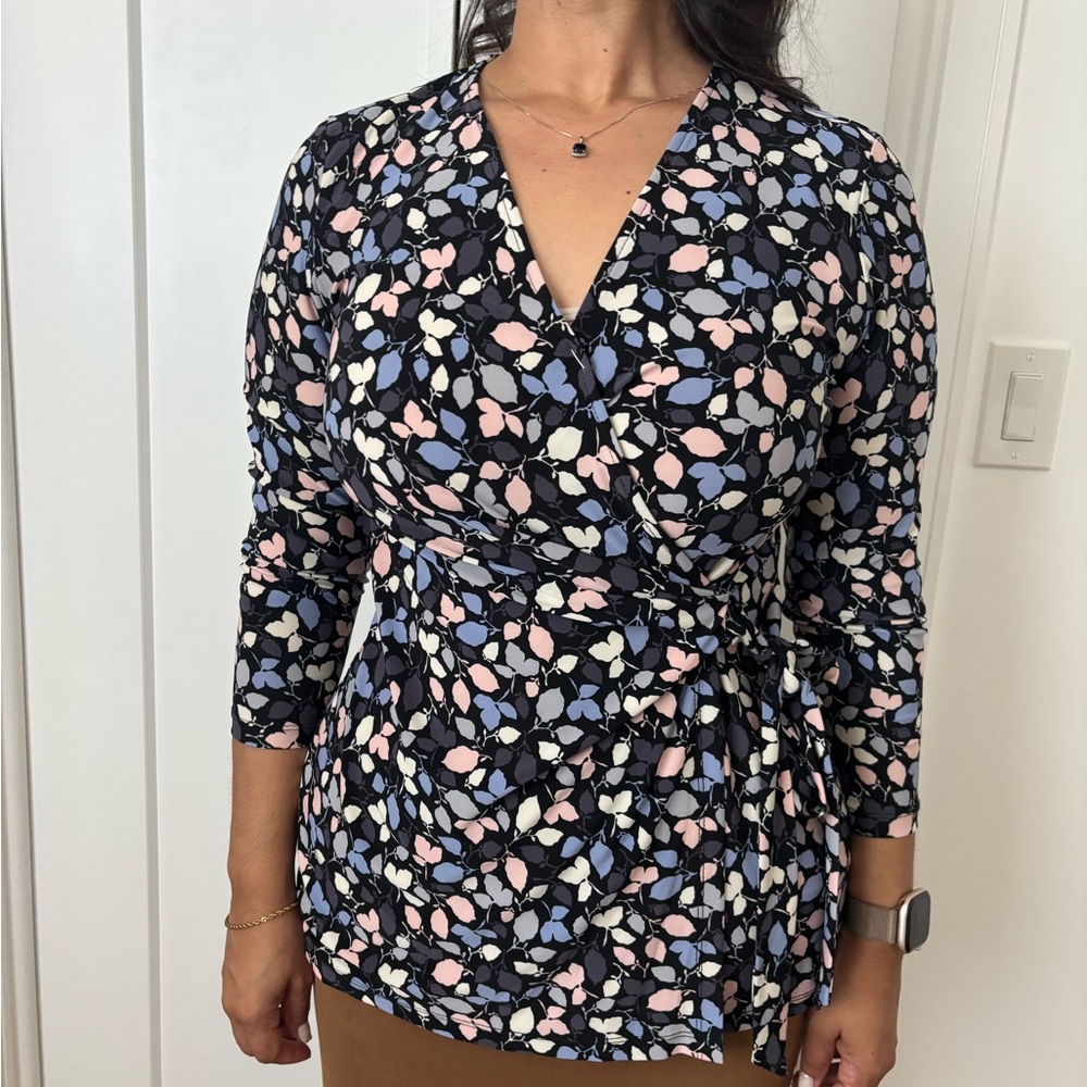 Anne Klein Black Floral Wrap Blouse